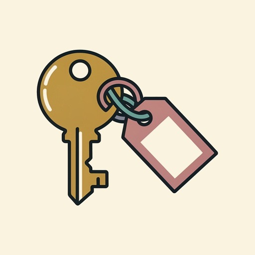 A door key with a paper tag tied to it.