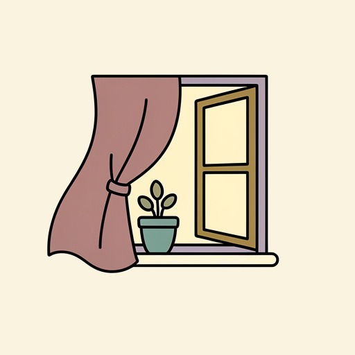 An open window with the curtain lifting and a plant on the sill.