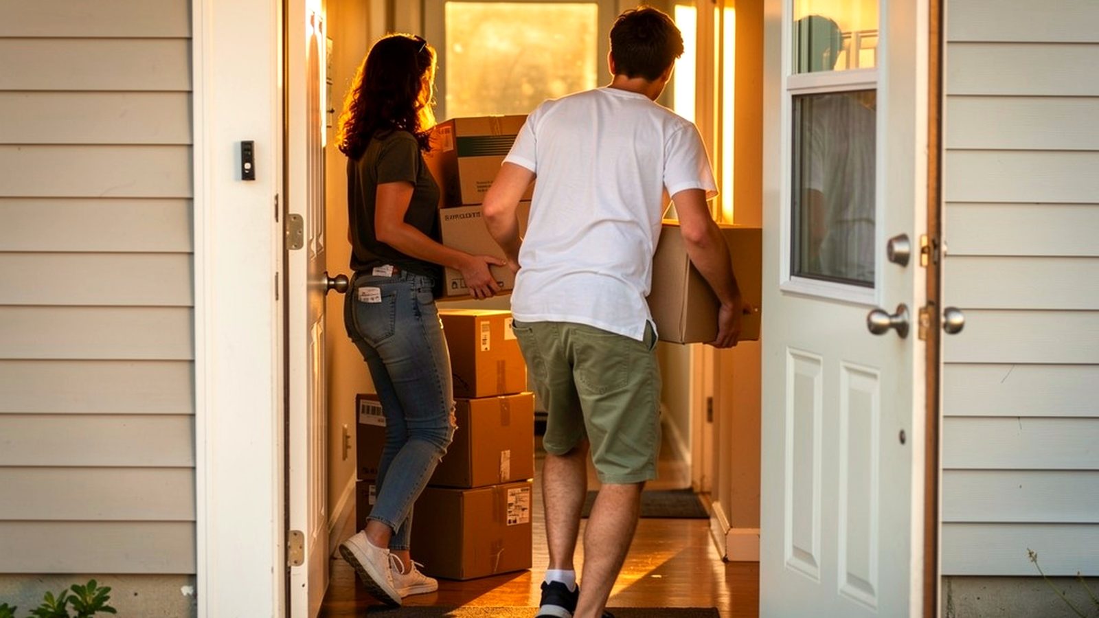 A couple carrying boxes through the front door of their new home on moving day.
