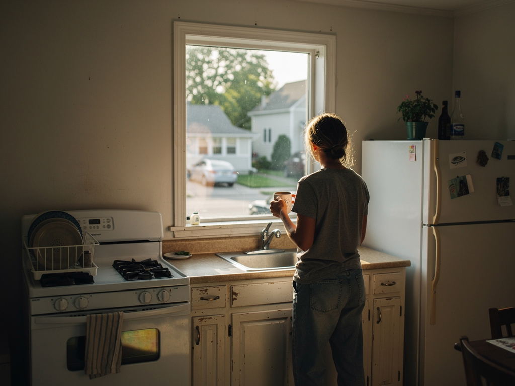 A person looking out of the window of a rented home.