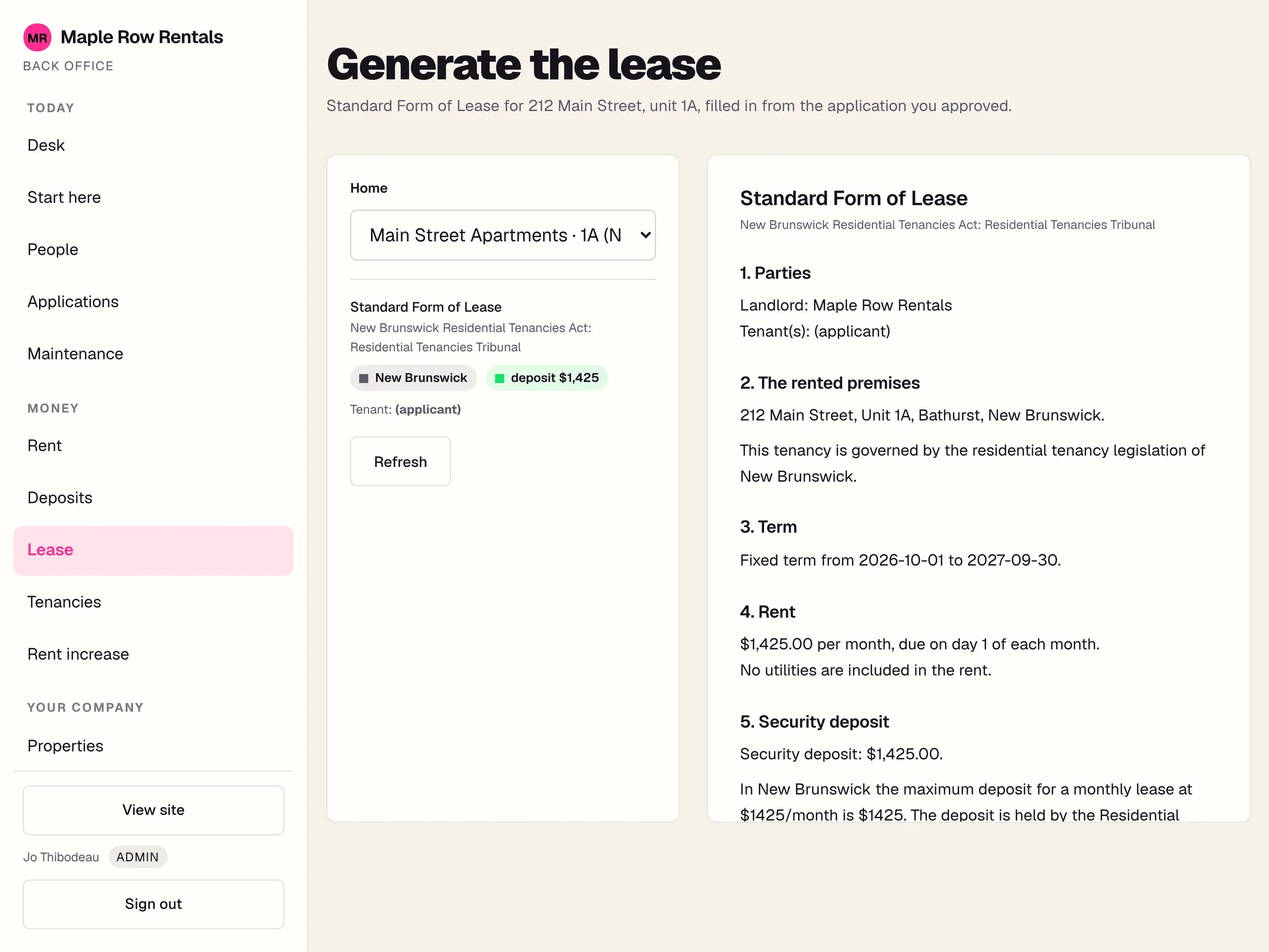 The lease screen: the standard form for the province already filled in from the approved application, with the parties, the premises, the term and the rent.