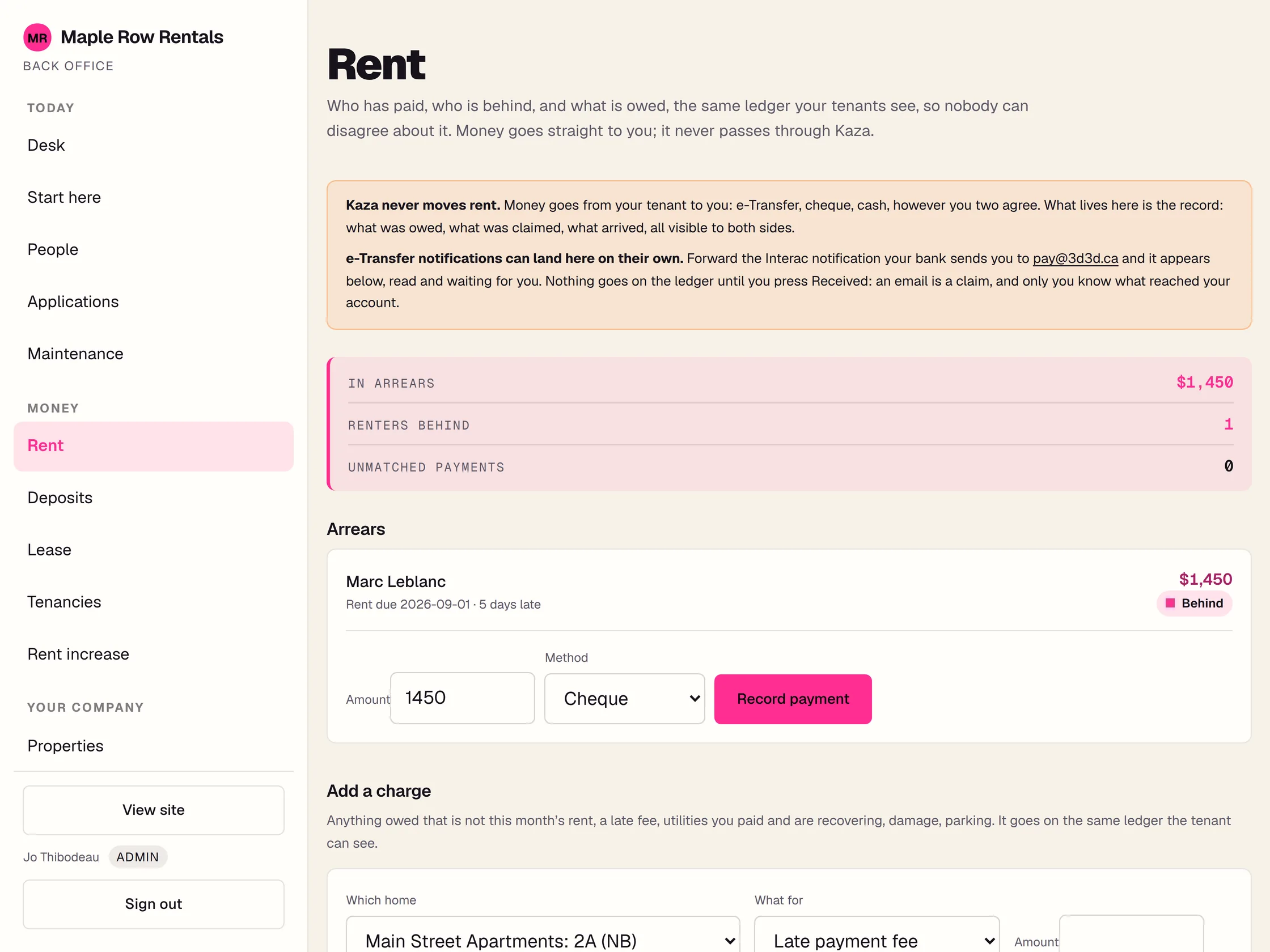 The Rent screen: what is in arrears, who is behind, and a payment being recorded against a renter's ledger.