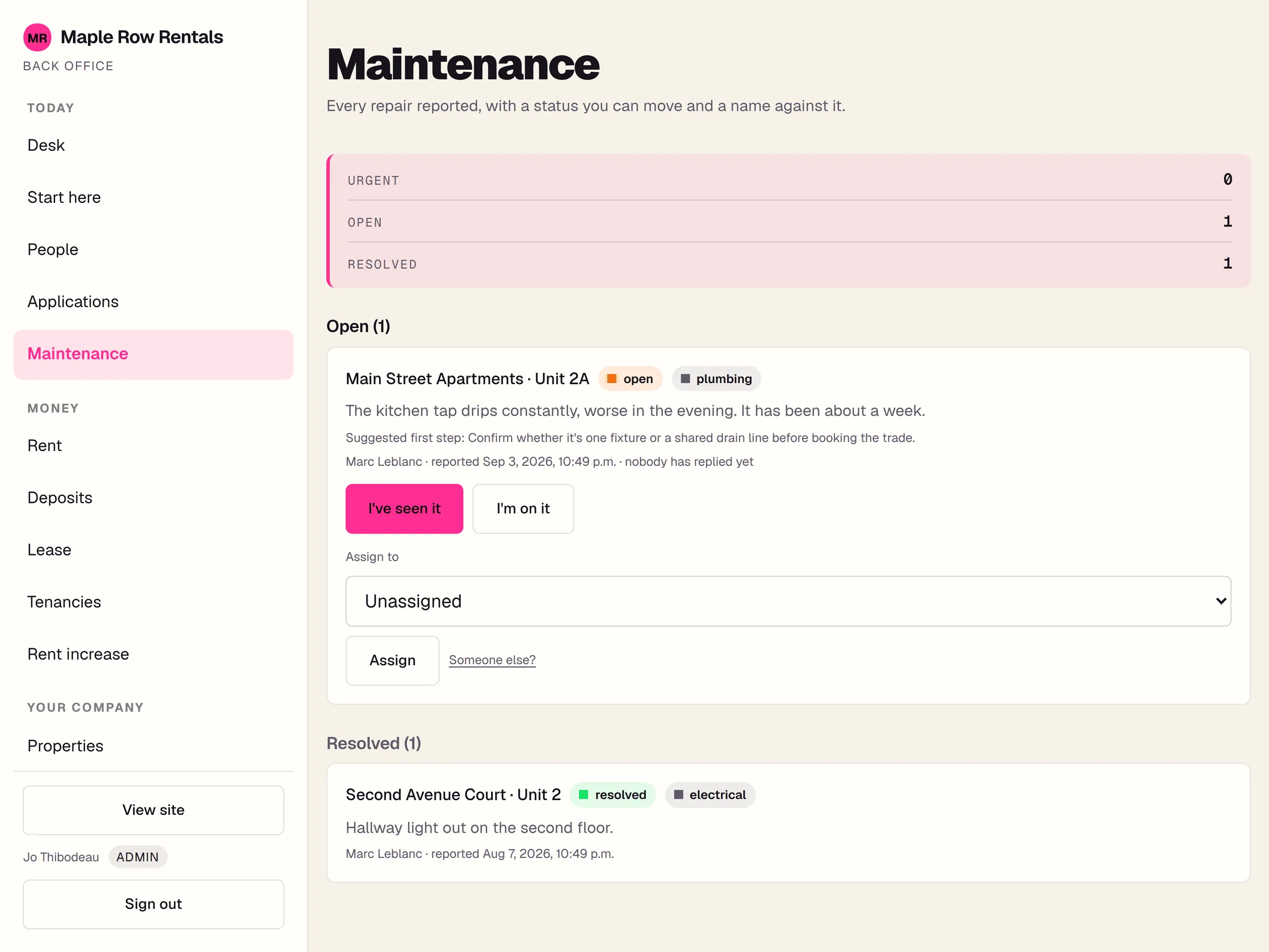 The Maintenance screen: a dripping kitchen tap reported by a renter, marked open and plumbing, with buttons to say it has been seen and to assign it.