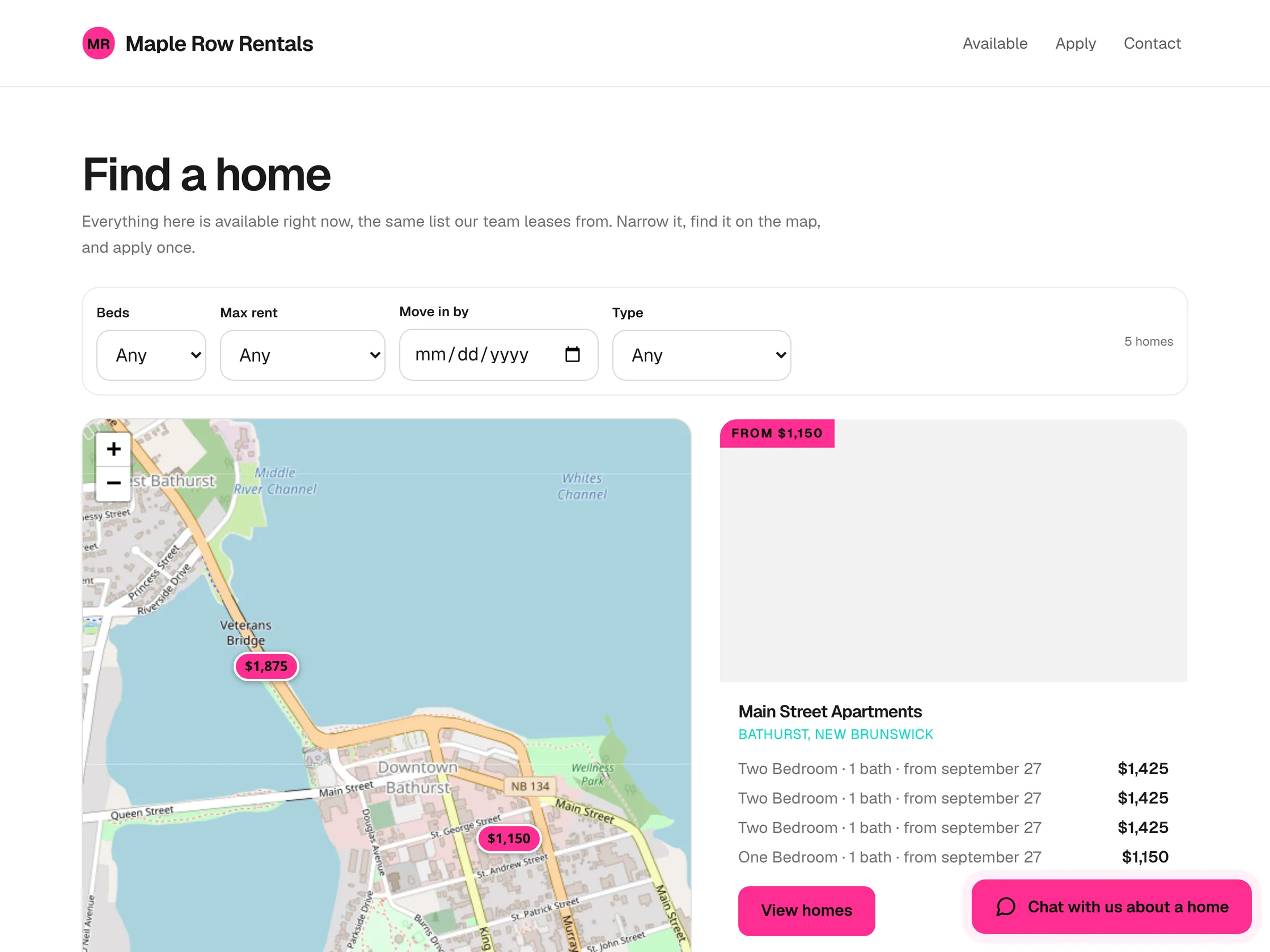 The Find a home page of a landlord's own website on Kaza: a map of the town with the rents marked on it, filters for beds, rent and move-in date, and the homes listed beside the map.