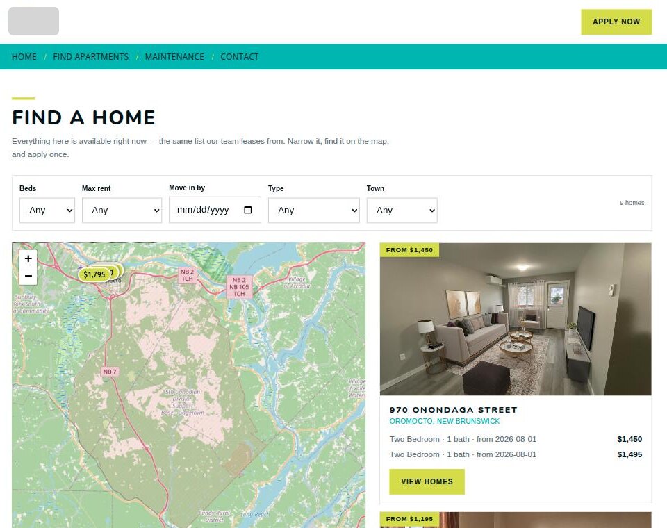 A rental company's website built on Kaza, showing available homes on a map with monthly rents.
