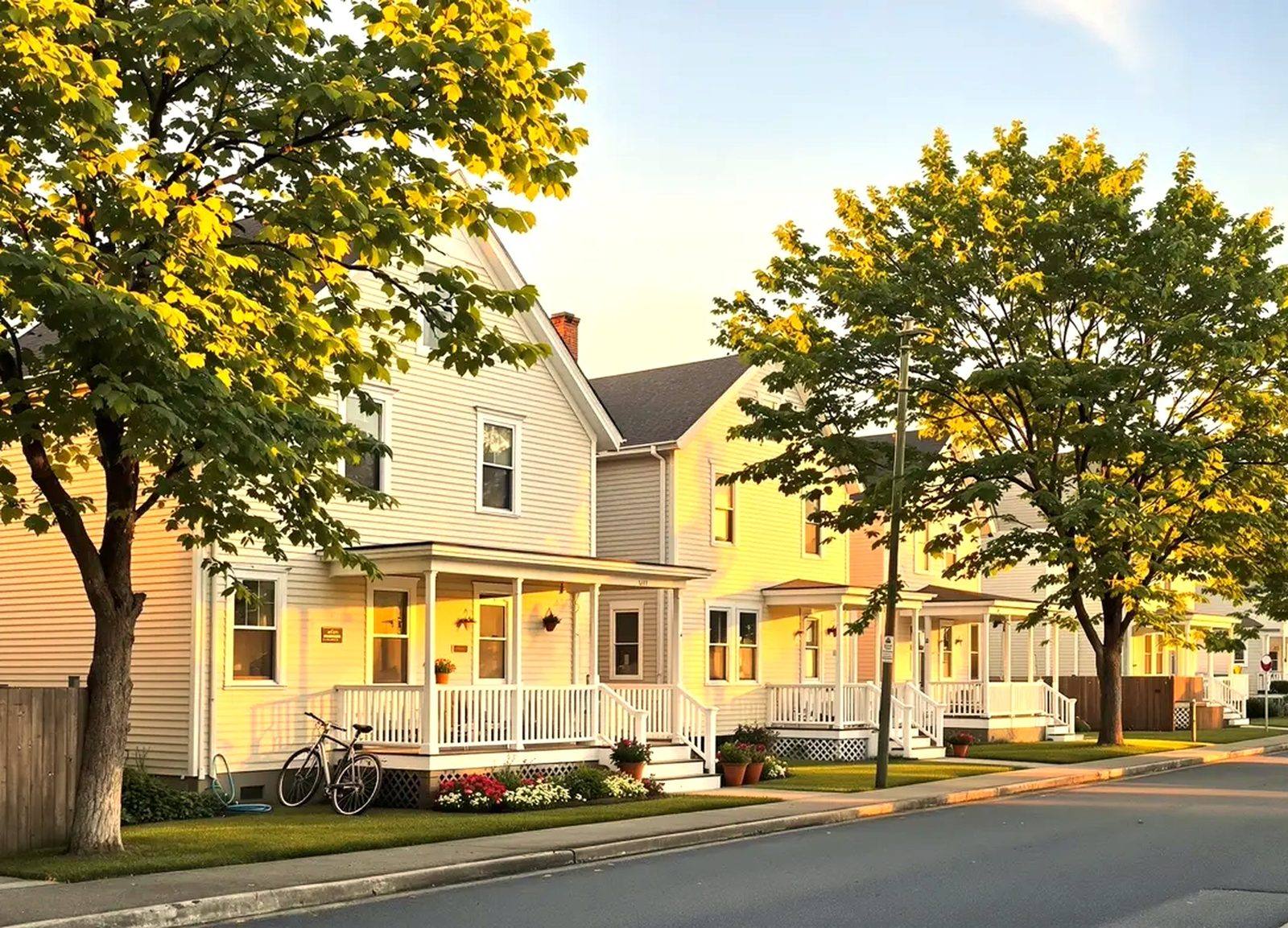 A row of homes on a residential street at golden hour, porch lights coming on.